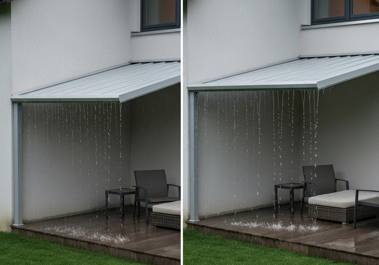 Patio under a fixed solid roof stays dry while adjacent awning/pergola areas show rain intrusion.