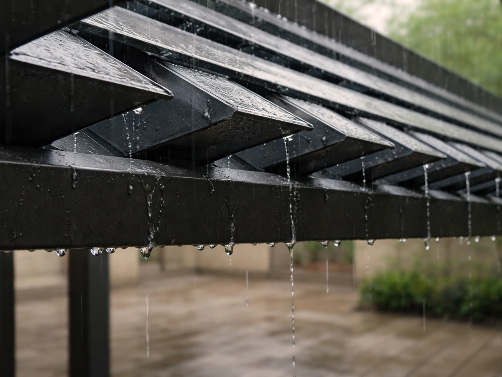 Close-up of a pergola with partially closed louvered roof blocking rain overhead.
