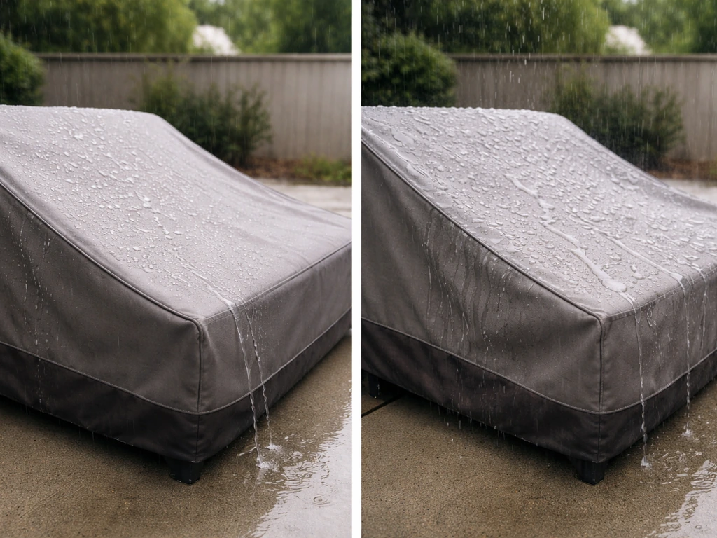 Patio furniture cover showing water beading in light rain and heavier wetting in moderate rain.