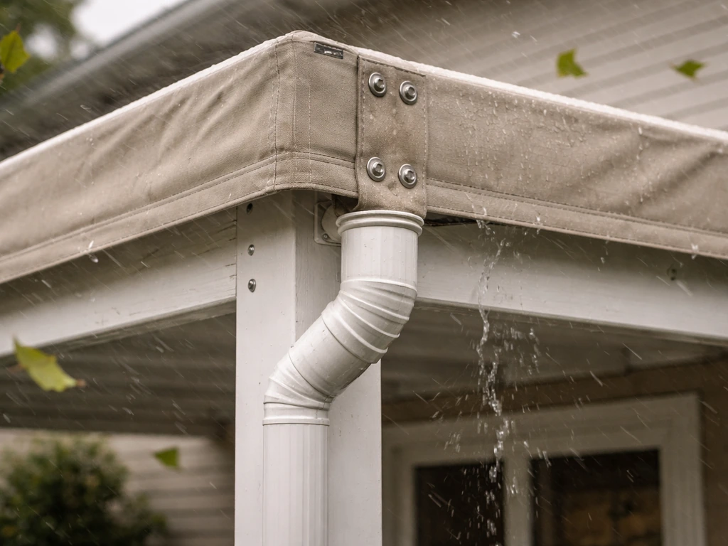Patio cover edge secured to the frame with a visible downspout during windy, rainy weather.