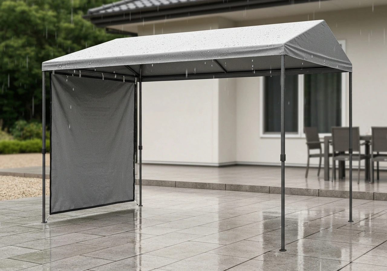 Freestanding canopy shelter on a patio with wet roof, showing four-leg frame for rain protection.