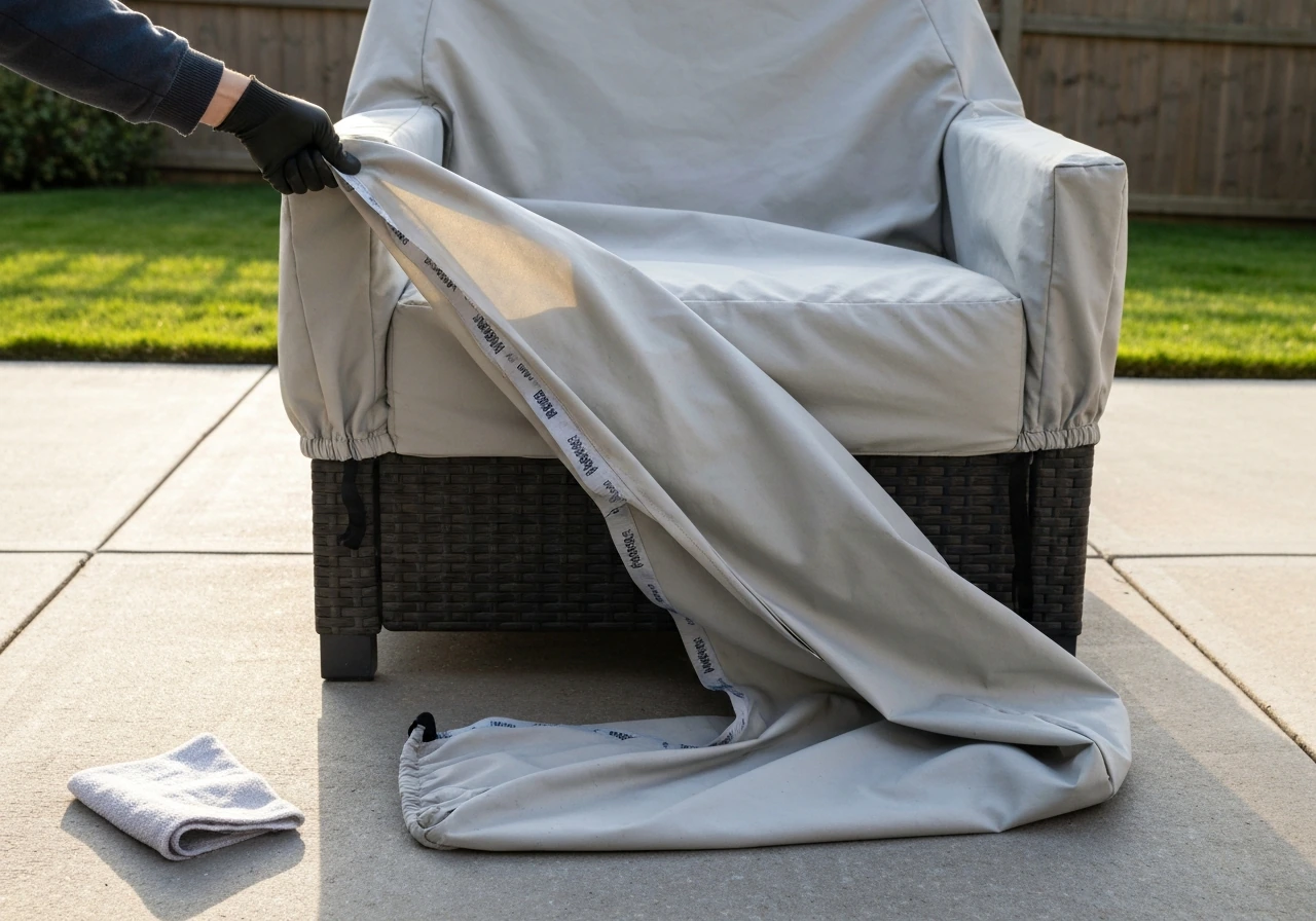 Outdoor patio furniture with a cover lifted to air-dry; dry furniture visible and a rag nearby.