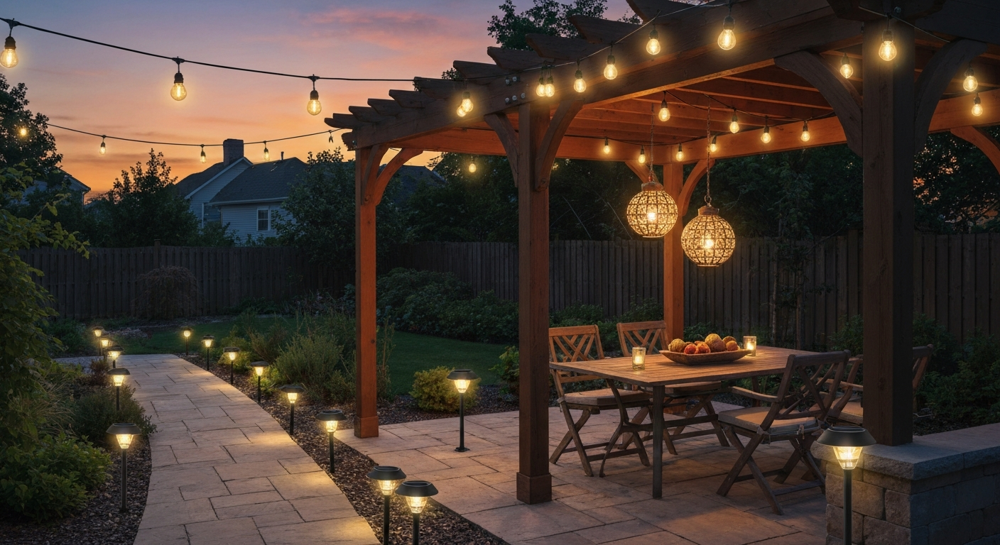 Dusk patio with string lights, globe bulbs, hanging lanterns, and stake lights.