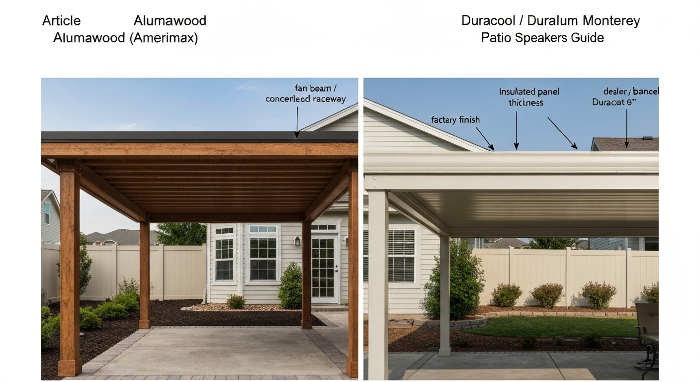 Split-view photorealistic comparison of two aluminum patio covers: Alumawood (wood-grain textured) on the left and Duracool/Duralum Monterey (thicker insulated panels) on the right, labeled with key features.