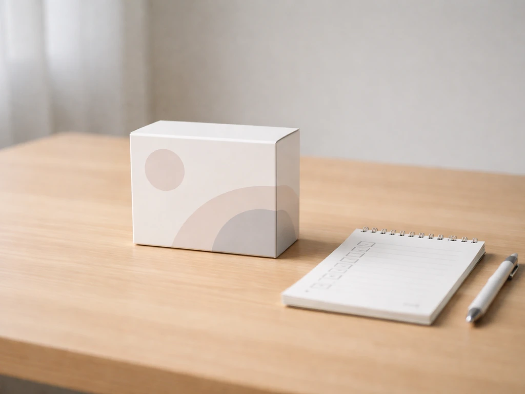 Minimal photo of a StormBlock-style product box on a desk with a simple checklist and pen nearby.