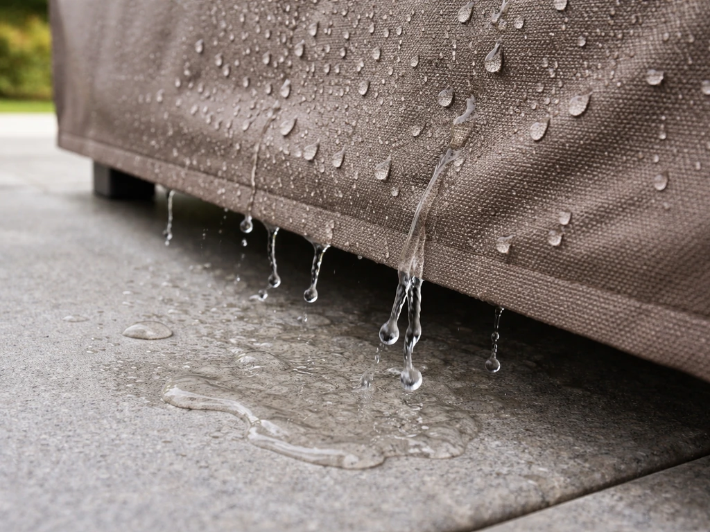 Close-up of waterproof cover fabric with water beads rolling off onto a patio surface.