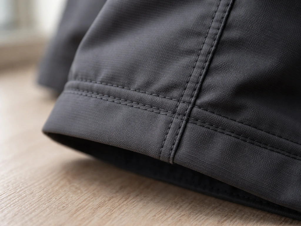 Close-up of a durable fabric jacket seam with stitched stitching and reinforced hem texture