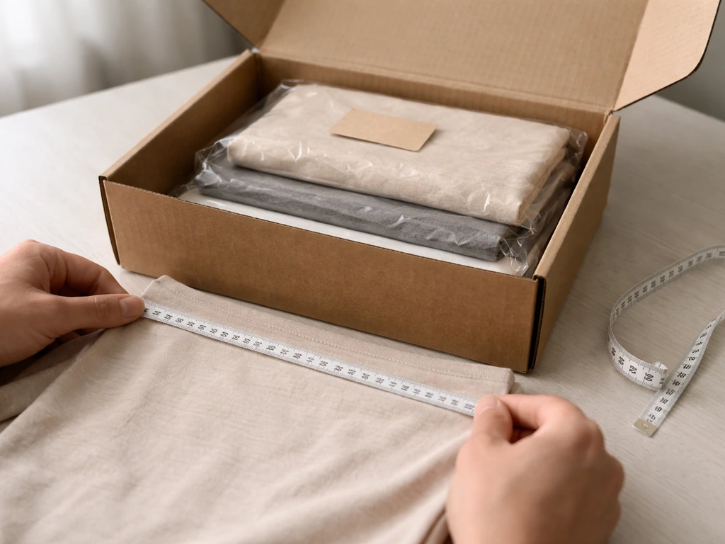 Hands measure an item next to an open shipping box to confirm size and prevent misordering.