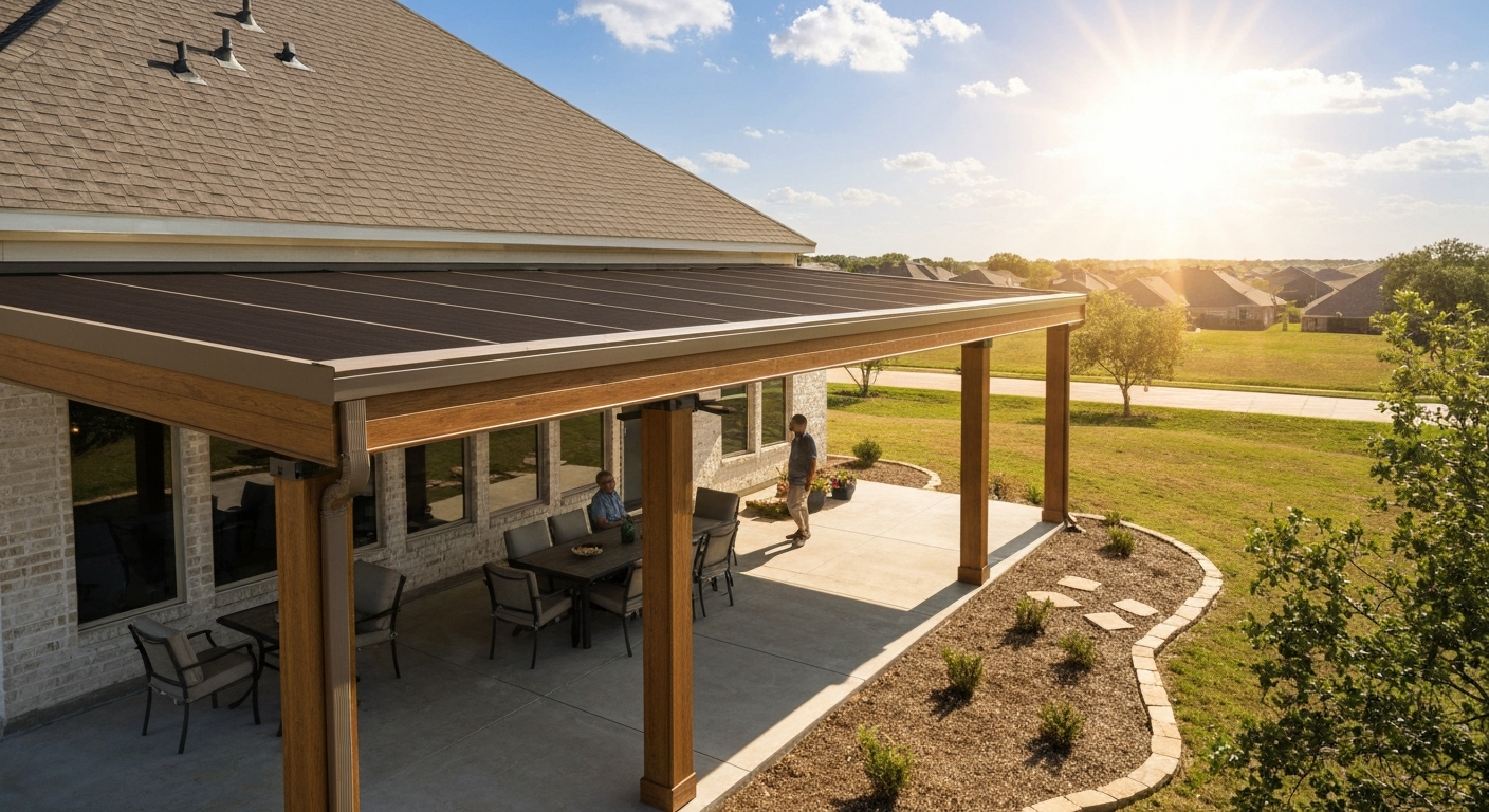 Modern attached aluminum patio cover over a Fort Worth backyard patio with integrated fan and lighting.
