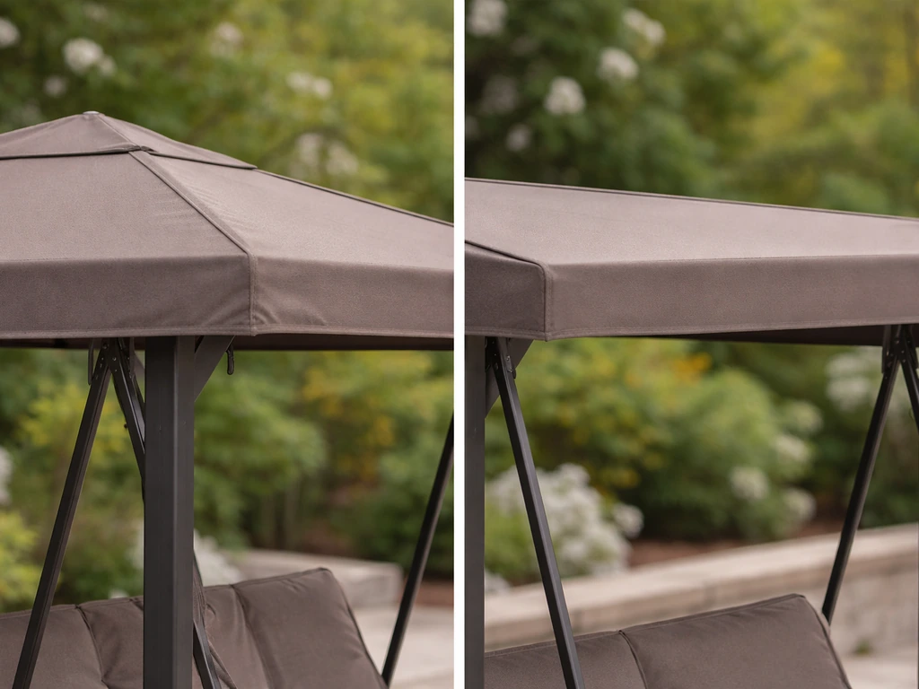 Close-up of a patio swing’s gazebo-style peaked canopy beside a flat canopy detail, showing roof profile