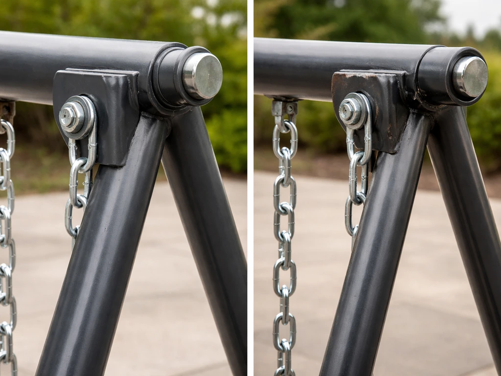 Close-up side-by-side view of two swing set steel frames and bolts/chain links showing build-quality differences.
