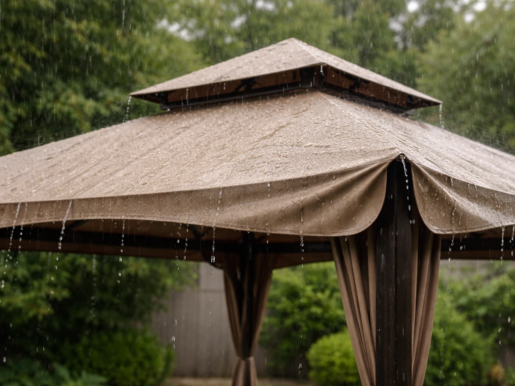 Gazebo canopy with water beading and runoff, anchored and angled for rain protection in light wind