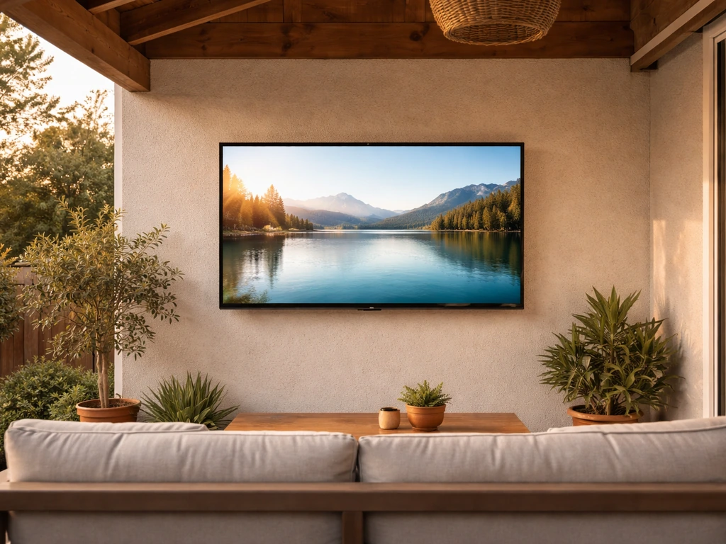 Wall-mounted outdoor patio TV with nearby seating clearly showing the screen’s size and viewing fit.