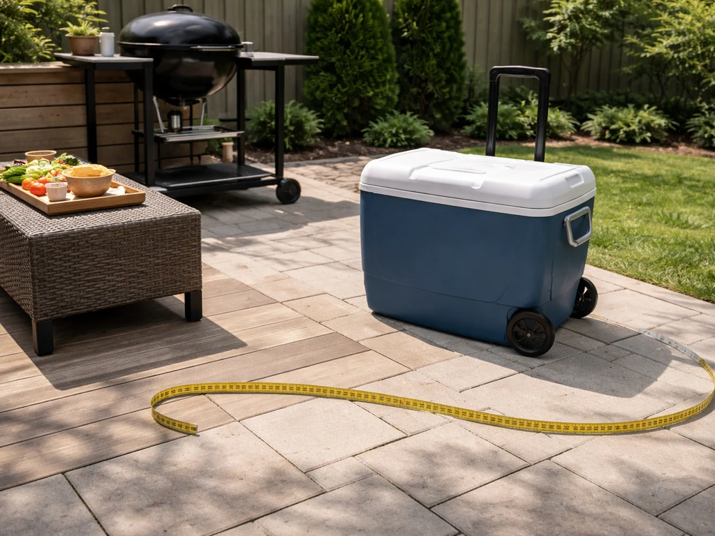Retailed patio with a wheeled cooler beside a grill and a measuring tape laid out to size the setup