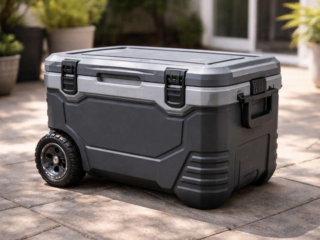 Closed wheeled cooler on a sunny patio, focused on the Ninja FrostVault-style shape.