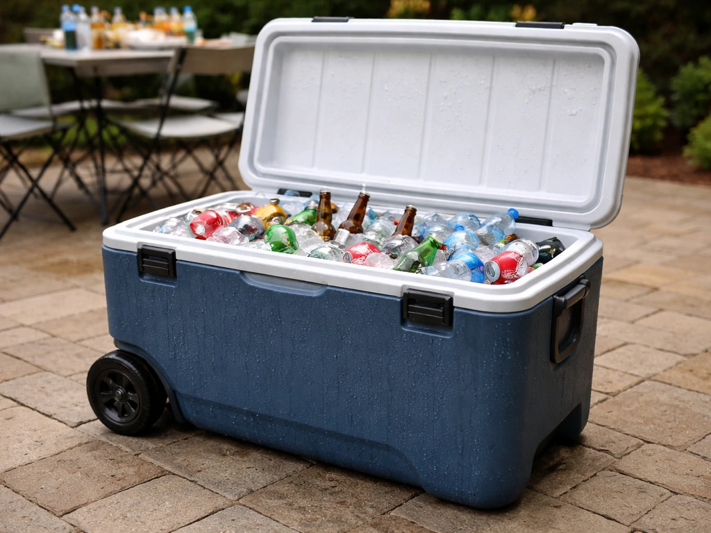 Large wheeled hard cooler with roomy interior during an outdoor family gathering setup.
