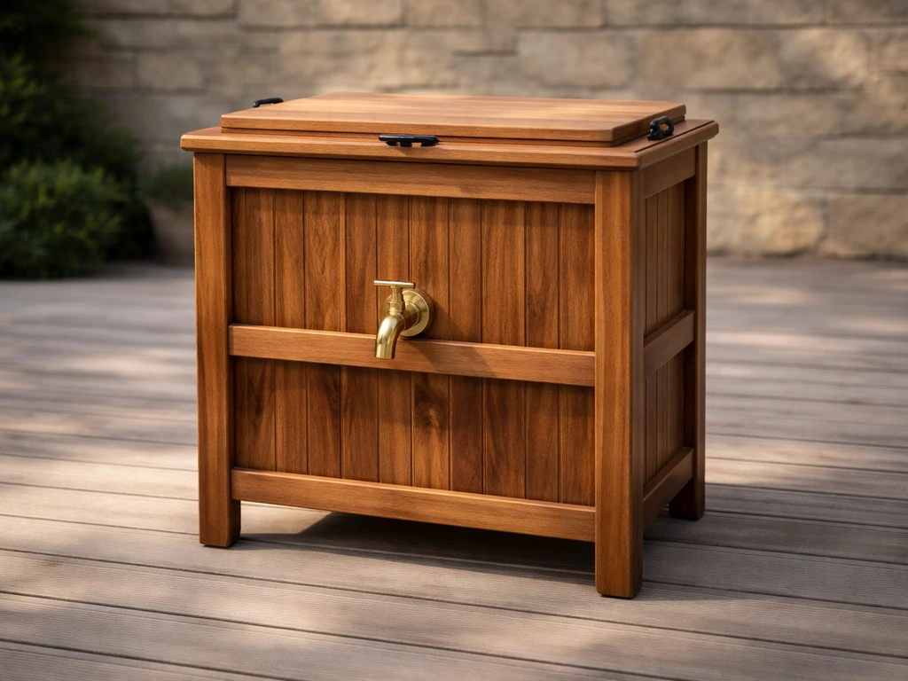 Premium wooden patio cooler with brass spigot on a stylish outdoor patio, lid closed and inviting