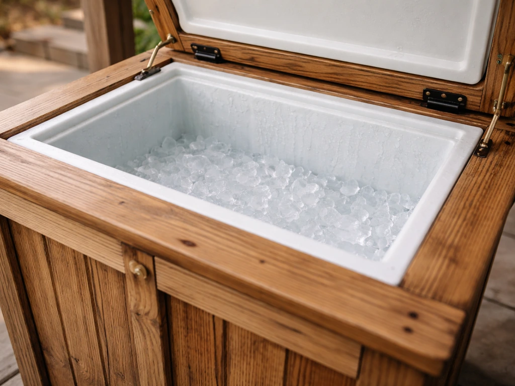 Close-up of a wooden patio cooler cabinet with the insulated chest open and visible ice inside.
