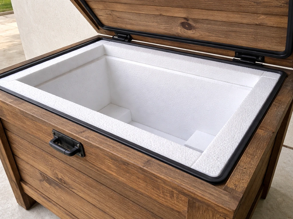 Cutaway view of a wooden patio cooler showing thick EPS foam insulation and a sealed lid edge