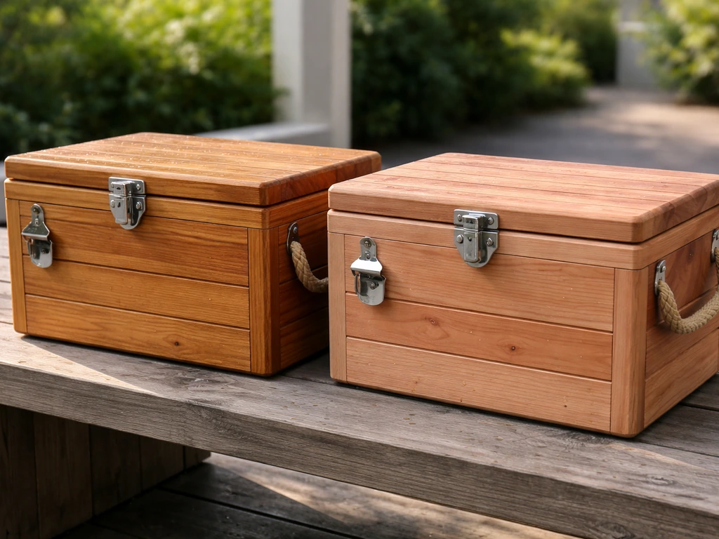 Two outdoor wooden cooler samples—teak and cedar—on a patio bench with visible grain and finish