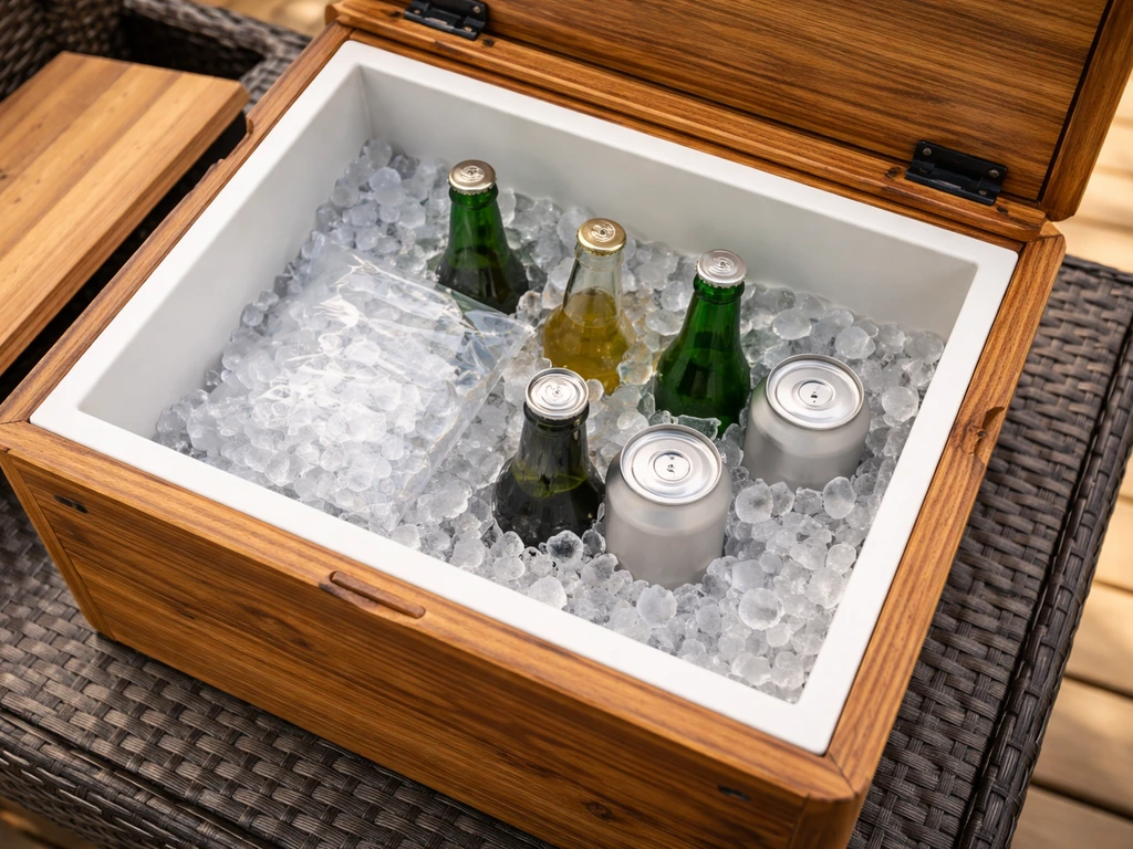 Open wooden cooler packed with layered ice and spaced drinks for best ice retention.