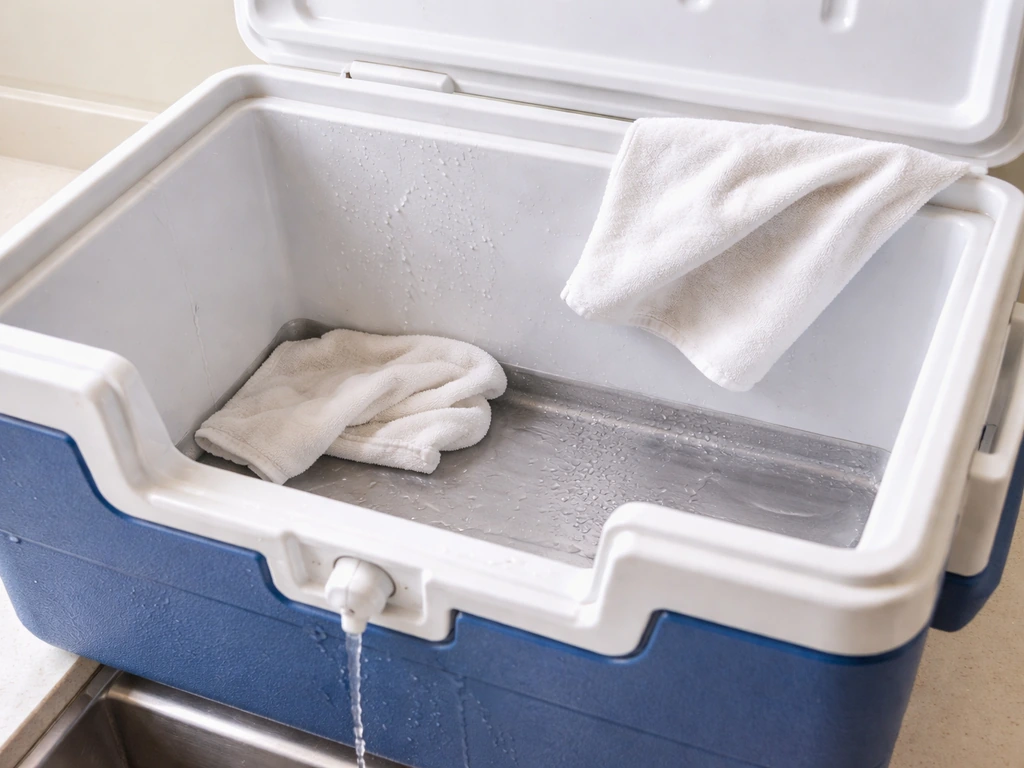 Close-up of an open cooler draining meltwater from a spigot, then interior wiped dry with a cloth.