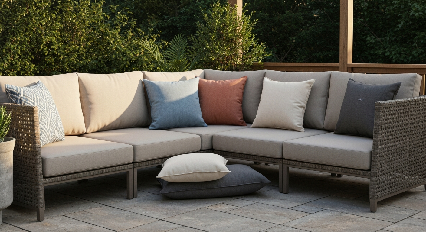 Inviting outdoor patio sectional with a mix of durable-looking solution-dyed acrylic throw pillows (various sizes and patterns), one showing water beading to indicate water repellency.