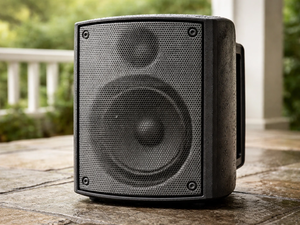 Close-up of a weatherproof outdoor patio speaker grille with corrosion-resistant hardware and moisture-safe design detai