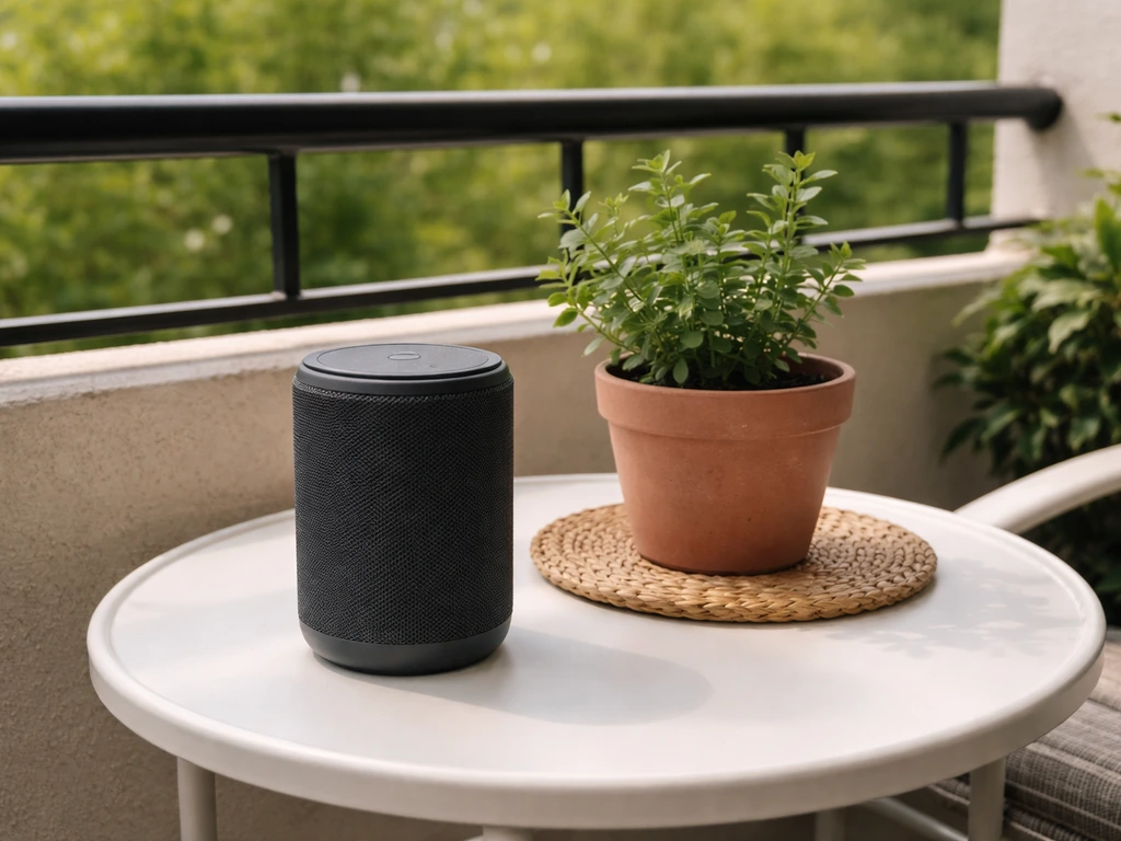 Portable Bluetooth speaker on a small balcony table with plants in soft natural light