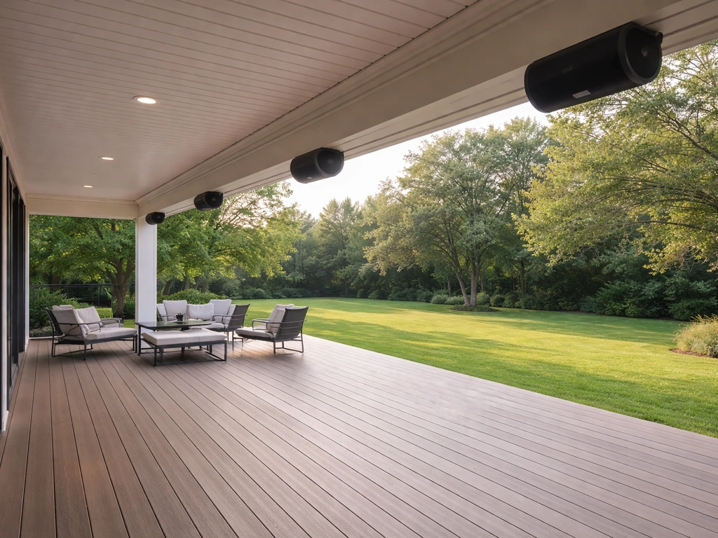 Weather-rated outdoor speakers mounted along a large patio with a wide open yard view