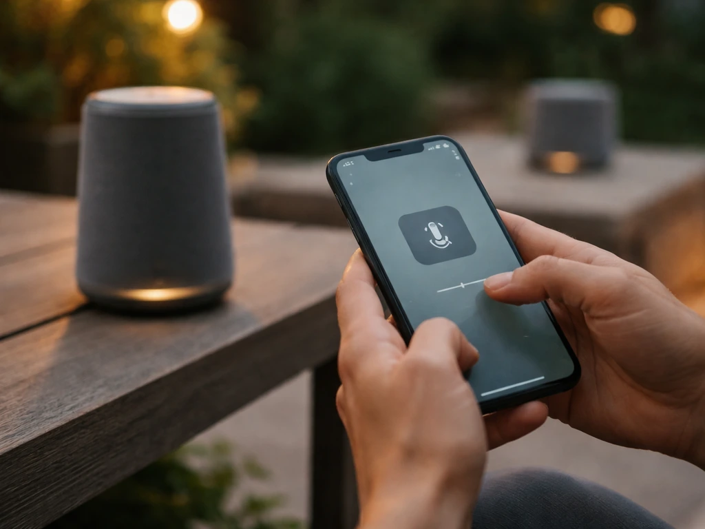 Hands holding a smartphone pairing with a nearby outdoor Bluetooth speaker on a patio.