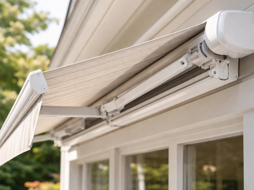 Close-up of a retractable awning extending outward, showing fabric, hinges, and metal arms in motion.