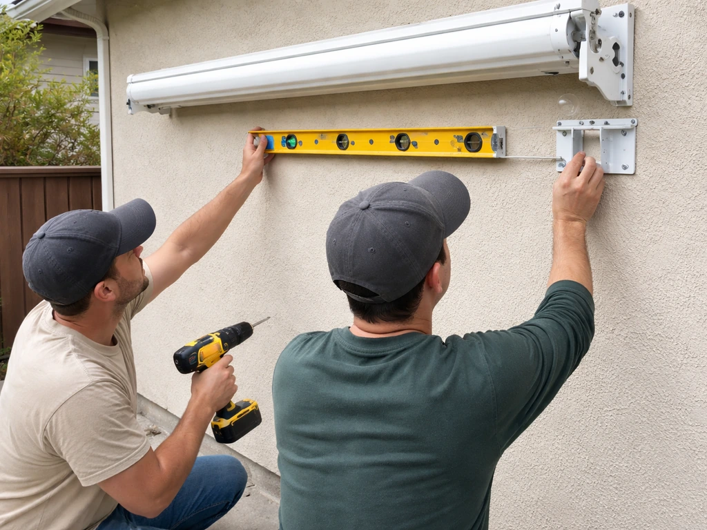 Two people align a wall-mounted retractable awning bracket using a drill and spirit level outdoors.