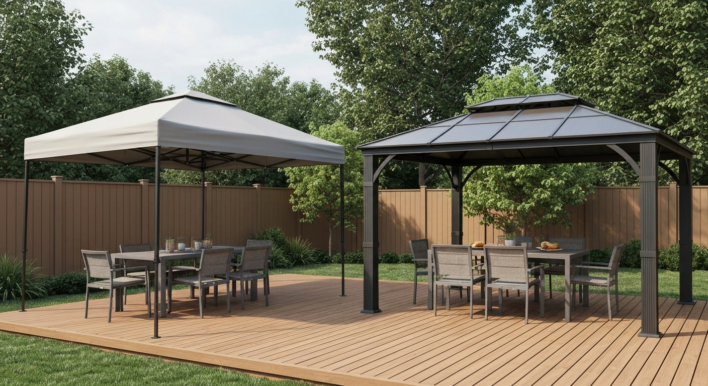 Backyard patio with a 10x10 pop-up canopy and an 8x8 hard-top gazebo side by side, each shading a dining area.