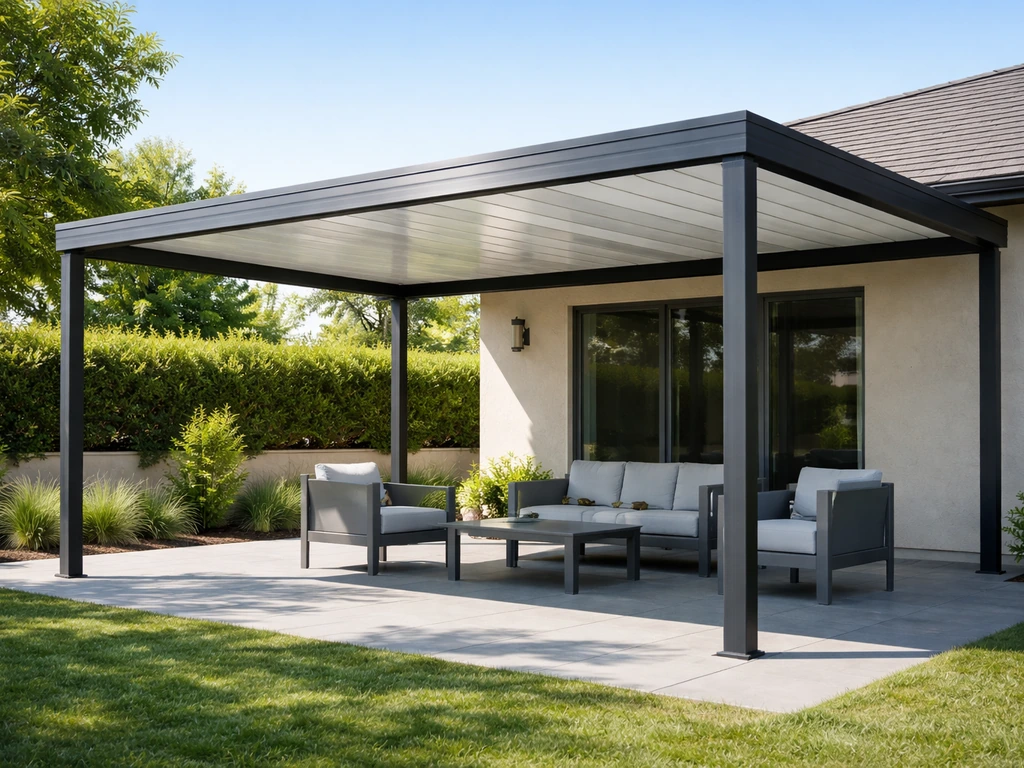 Modern backyard patio shaded by a clean-lined aluminum patio cover on a bright clear day