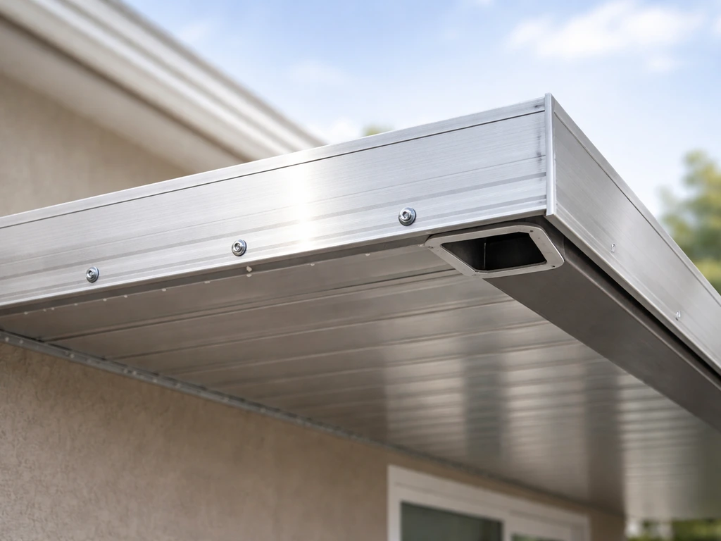 Close-up of an aluminum patio cover showing clean coverage, drainage slope, and sealed fasteners