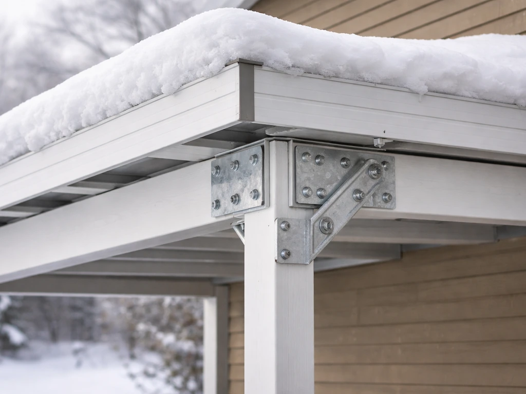 Close-up of a snow-dusted aluminum patio cover with anchored posts and connection hardware to show wind/snow loads.