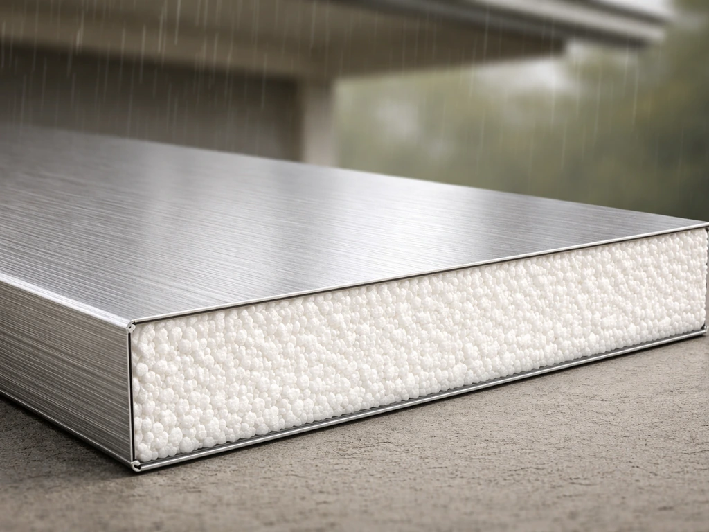 Cutaway view of an insulated aluminum patio cover panel showing foam between two metal skins to reduce rain noise.