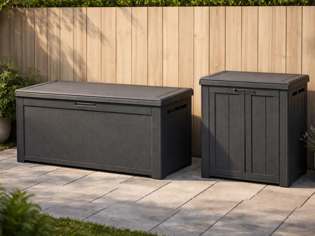 Weather-friendly patio deck box and matching outdoor storage units on a residential patio, lids closed.