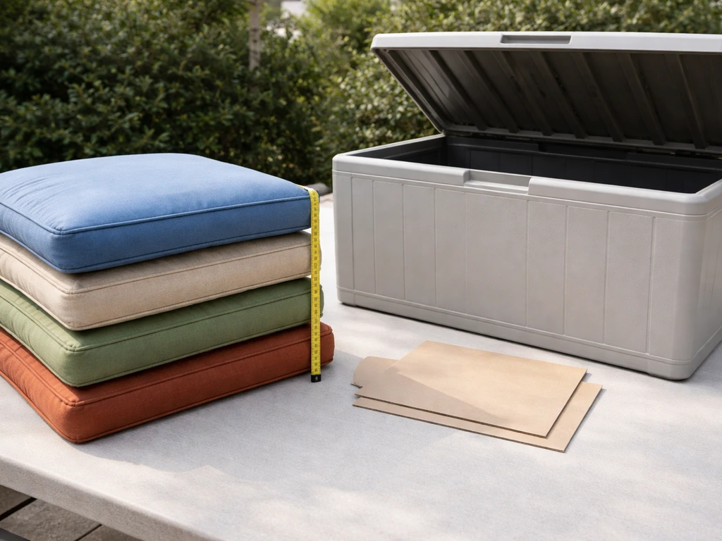 Measuring tape next to stacked patio cushions beside an empty deck box to show size-to-capacity thinking.