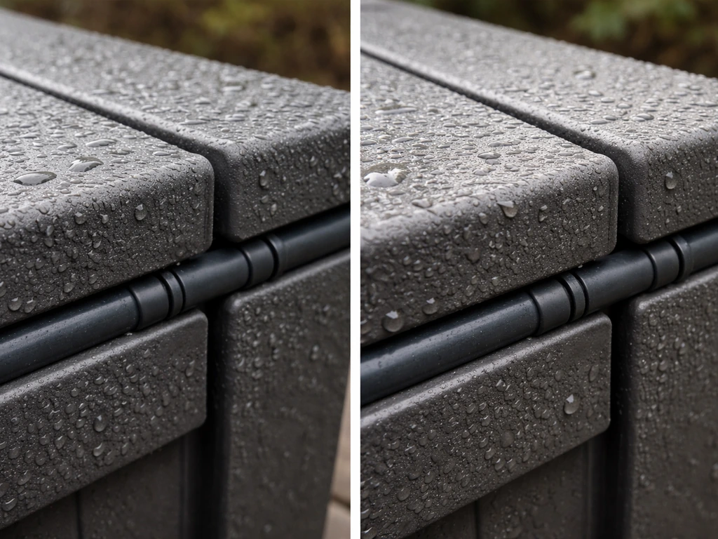 Close-up of an outdoor HDPE/resin deck box lid seal and hinge on a wet, snow-rain sheen surface