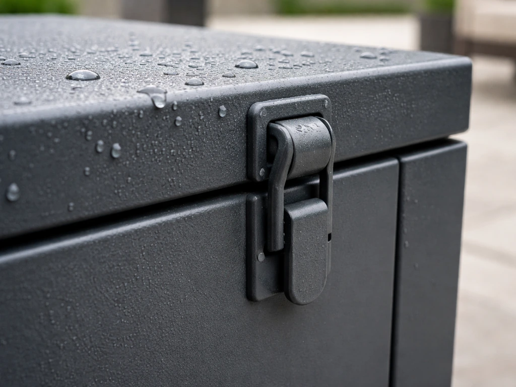 Close-up of a powder-coated metal deck box latch with water droplets beading on the surface.