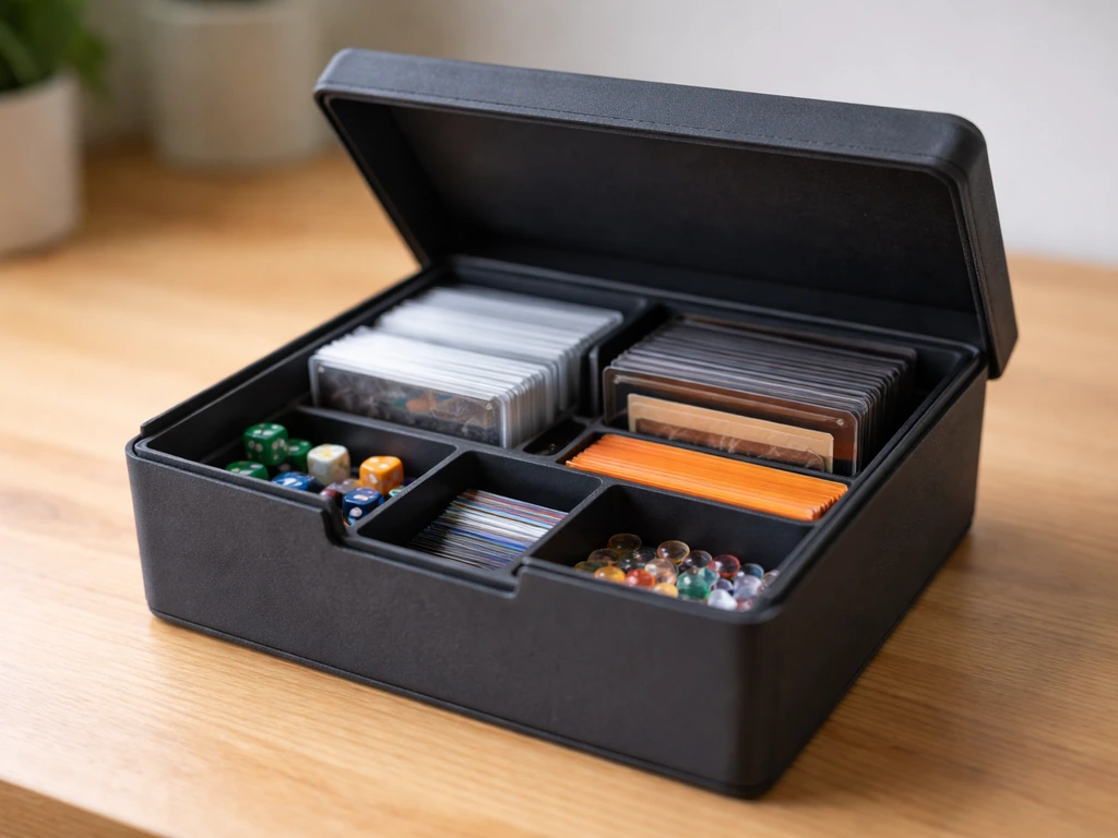 Open deck box on a tabletop showing organized compartments and stacked layers for easy daily access.