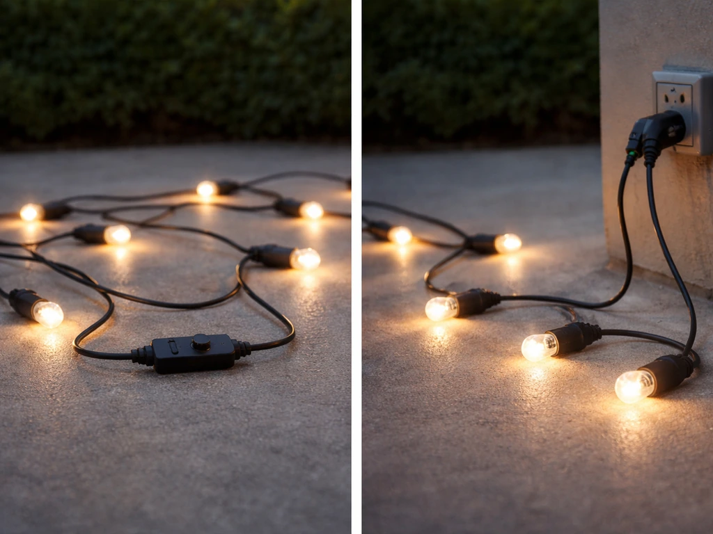 Side-by-side patio LED string lights: one with an inline dimmer controller, one plugged into an outdoor outlet.