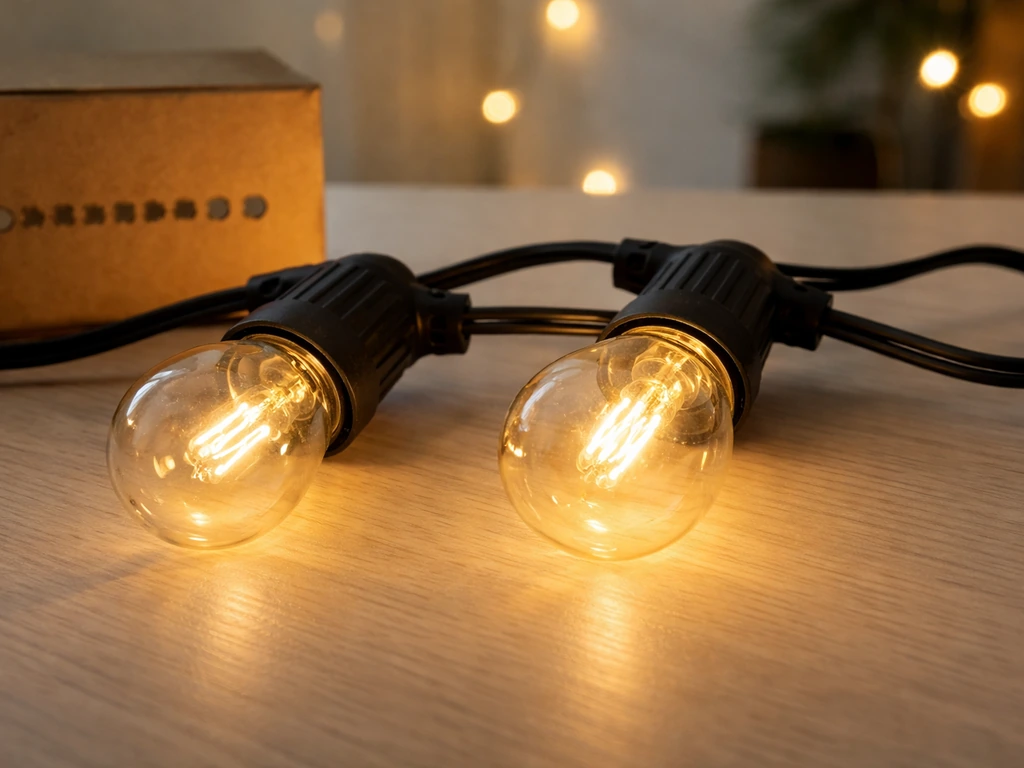 Close-up of warm-white patio string light bulbs, one dim and one brighter, with blurred packaging nearby.