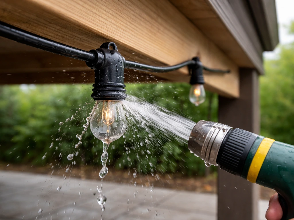 Water splashes on an outdoor string light socket connection during a handheld sprayer test.