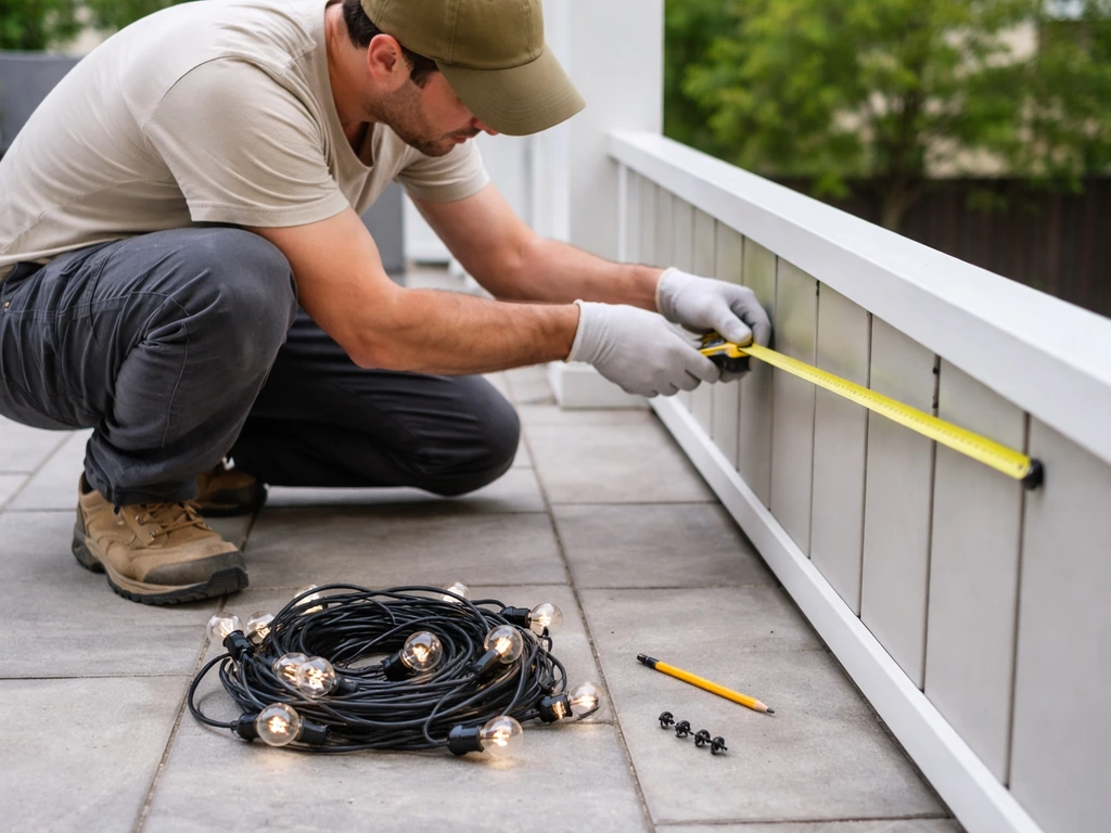 Anonymous installer measuring string light spacing on a patio with a tape measure before mounting.