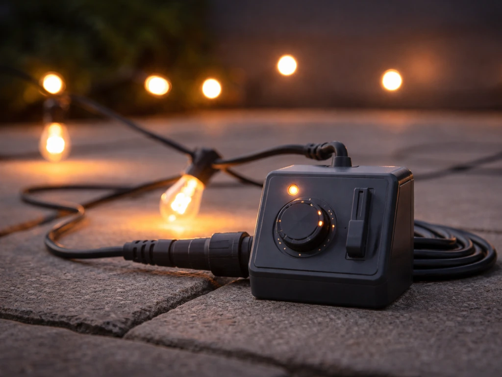 Dimmable patio string lights connected to an outdoor dimmer/controller with knobs set for smooth dimming.