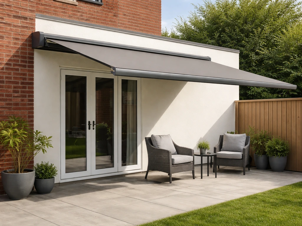Modern electric patio awning extended over UK outdoor seating with visible full cassette housing.