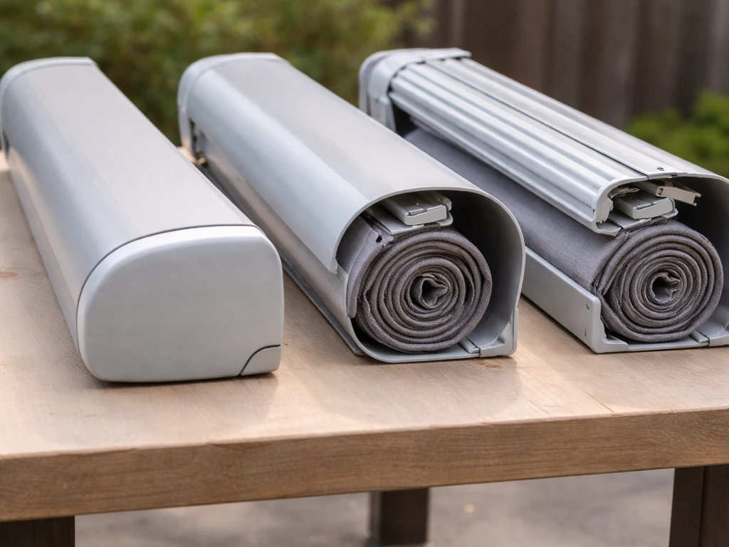 Close-up of full, semi, and open awning cassettes showing how much fabric is enclosed when retracted